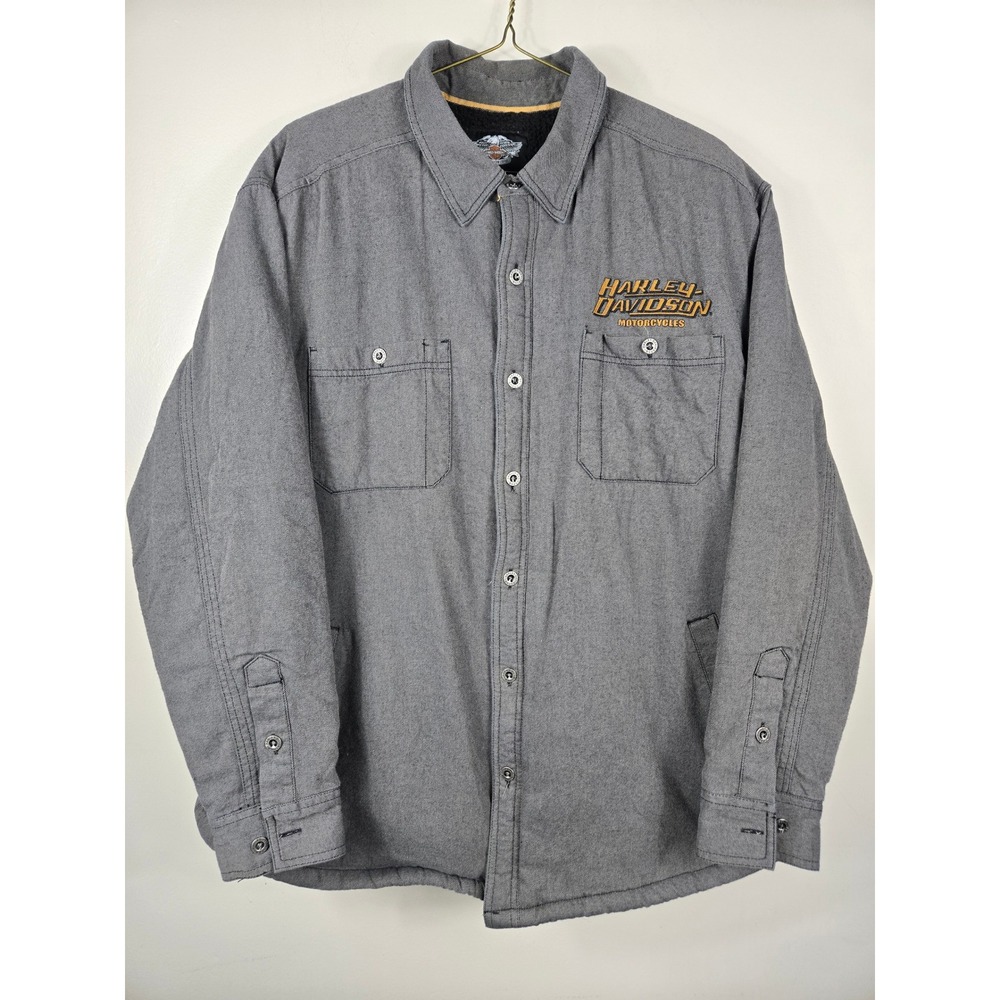 Harley-Davidson Mens 2XL Gray Sherpa Lined Cotton Twill Shirt Jacket Embroidered